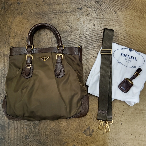 Prada Green Brown Nylon Tessuto Satchel - Picture 1 of 11